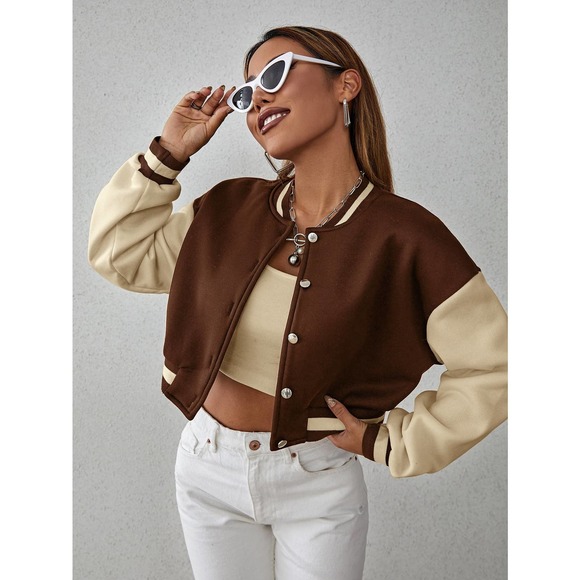 Drop Shoulder Two Tone Crop Bomber Jacket preppy black white - Picture 11 of 11